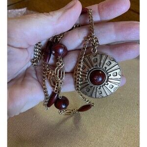 Vintage Sarah Coventry Pendant & Necklace Gold Tone 70's Aztec Boho Signed